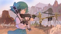 Rule 34 | assault rifle, blouse, blue bow, blue sky, blurry, blurry background, bow, character request, closed mouth, commentary request, copyright request, crane (machine), dated, day, depth of field, gloves, green eyes, green hair, green neckerchief, green sailor collar, green skirt, grey gloves, gun, hair bow, highres, holding, holding gun, holding weapon, in-universe location, light frown, miniskirt, mountain, neckerchief, outdoors, pleated skirt, rifle, sailor collar, school uniform, serafuku, shinmai (kyata), shirt, short hair, short sleeves, skirt, sky, swept bangs, trigger discipline, twitter username, weapon, white shirt