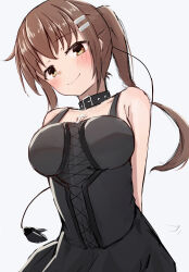 Rule 34 | 1girl, absurdres, arms behind back, bare shoulders, black choker, black dress, blush, breasts, brown eyes, brown hair, choker, closed mouth, cross, cross necklace, dress, grey background, hair between eyes, hair ornament, hairclip, highres, jewelry, large breasts, long hair, looking at viewer, minakami yuki, necklace, ponytail, simple background, sketch, sleeveless, sleeveless dress, smile, solo, subarashiki hibi, takoyaki032002, upper body