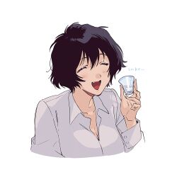 Rule 34 | 1girl, alcohol, black hair, breasts, chain sumeragi, cleavage, closed eyes, cup, dress shirt, drinking glass, fang, hair between eyes, hand up, highres, holding, holding cup, kekkai sensen, light blush, open mouth, sake, shirt, short hair, shot glass, simple background, smile, solo, ta0oxo0ma, white background, white shirt