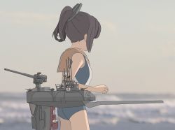 Rule 34 | 1girl, absurdres, ass, black one-piece swimsuit, blurry, blurry background, brown hair, cannon, commentary request, cowboy shot, from behind, hair ornament, hairclip, highres, i-401 (kancolle), kantai collection, one-piece swimsuit, orange sailor collar, ponytail, sailor collar, school swimsuit, shirt, short ponytail, side-tie shirt, sleeveless, sleeveless shirt, solo, swimsuit, swimsuit under clothes, tbf (torigoya), turret