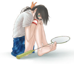 Rule 34 | 10s, 1girl, badminton racket, barefoot, brown hair, feet, from side, full body, green eyes, hanebado!, hanesaki ayano, highres, knees to chest, legs, looking at viewer, looking to the side, myu5uke, pleated skirt, racket, school uniform, simple background, sitting, on ground, skirt, solo, sweatband, thighs, toes, white background