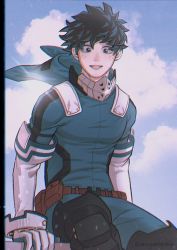 1boy, artist name, bangs, belt, bodysuit, boku no hero academia, brown belt, commentary, day, elbow gloves, english commentary, freckles, gloves, green hair, hood, hood down, long sleeves, looking at viewer, male focus, mask, midoriya izuku, mouth mask, open mouth, outdoors, short hair, sitting, smile, solo, teeth, wengwengchim, white gloves