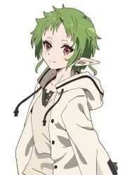 Rule 34 | 1girl, closed mouth, elf, green hair, hood, hooded jacket, jacket, looking at viewer, mushoku tensei, pointy ears, red eyes, shirt, short hair, simple background, smile, solo, sylphiette (mushoku tensei), tt17221722, white background, white jacket, white shirt