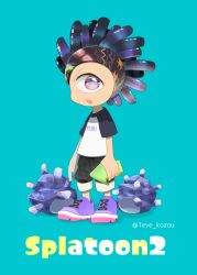 Rule 34 | 1boy, bad id, bad pixiv id, blue background, cellphone, copyright name, cyclops, english text, full body, headband, male focus, murch (splatoon), nintendo, one-eyed, pants, pants rolled up, phone, raglan sleeves, sea urchin, shoes, shorts, simple background, smartphone, sneakers, solo, splatoon (series), super sea snail