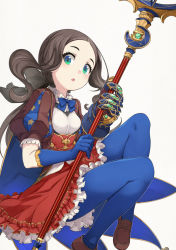 Rule 34 | 1girl, blue bow, blue gloves, blue pantyhose, bow, breasts, brown footwear, brown hair, commentary request, elbow gloves, fate/grand order, fate (series), forehead, frilled skirt, frills, gauntlets, gloves, green eyes, grey background, highres, holding, holding staff, leonardo da vinci (fate), leonardo da vinci (fate/grand order), leonardo da vinci (rider) (fate), loafers, long hair, looking at viewer, pantyhose, parted bangs, parted lips, puff and slash sleeves, puffy short sleeves, puffy sleeves, red skirt, shirt, shoes, short sleeves, simple background, single gauntlet, single glove, skirt, small breasts, solo, staff, white shirt, yunar