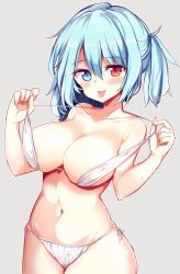 Rule 34 | 1girl, :p, alternate hairstyle, areola slip, bare legs, bare shoulders, bikini, blue eyes, blue hair, blush, breasts, collarbone, cowboy shot, flat color, grey background, groin, hair between eyes, half updo, halterneck, hands up, head tilt, heterochromia, highres, large breasts, looking at viewer, maturiuta sorato, navel, red eyes, short hair, side-tie bikini bottom, simple background, solo, standing, stomach, strap pull, swimsuit, tatara kogasa, tongue, tongue out, touhou, white bikini