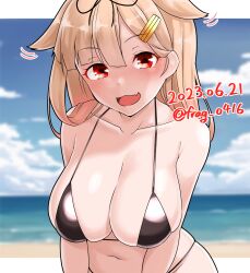 Rule 34 | 1girl, bare arms, bare shoulders, beach, bikini, black bikini, black ribbon, blonde hair, blush, breasts, cleavage, collarbone, dated, day, fang, furaggu (frag 0416), hair flaps, hair ribbon, highres, kantai collection, large breasts, long hair, motion lines, navel, ocean, one-hour drawing challenge, open mouth, outdoors, red eyes, ribbon, skin fang, smile, solo, swimsuit, twitter username, upper body, yuudachi (kancolle), yuudachi kai ni (kancolle)