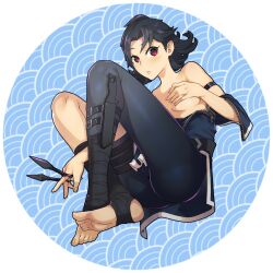 Rule 34 | 1girl, arm belt, bandaged foot, bandages, bare shoulders, black hair, blue background, covering breasts, covering privates, feet, fingernails, highres, holding, holding weapon, knife, knife sheath, kunai, leg belt, long eyelashes, looking at viewer, messy hair, ninja, original, partially undressed, partially unzipped, pattern request, raised eyebrows, red eyes, shadow, sheath, shiny skin, short hair, sitting, soles, solo, stirrup legwear, toeless legwear, toenails, toes, undressing, wave print, weapon, white trim, xenocracy, zipper