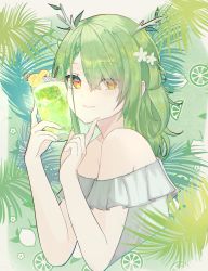 Rule 34 | 1girl, absurdres, antlers, braid, branch, ceres fauna, cup, dress, drink, drinking straw, finger to own chin, flower, food, frills, fruit, green hair, hair flower, hair ornament, hair over one eye, highres, hololive, hololive english, horns, lemon, lemon slice, lime (fruit), lime slice, looking at viewer, palm leaf, smile, smolshark, solo, virtual youtuber, white dress, yellow eyes