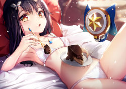 Rule 34 | 1girl, armpits, bare arms, bare shoulders, bed, black hair, blurry, blurry background, blush, bra, breasts, brown eyes, cake, chocolate cake, commentary request, depth of field, fate/kaleid liner prisma illya, fate (series), food, fork, hair between eyes, hair ornament, holding, holding fork, holding plate, indoors, jewelry, kaleidostick, long hair, looking at viewer, lying, magical sapphire, miyu edelfelt, on back, on bed, panties, parted lips, pendant, pillow, plate, revision, small breasts, solo, star (symbol), underwear, underwear only, white bra, white panties, yan (nicknikg)