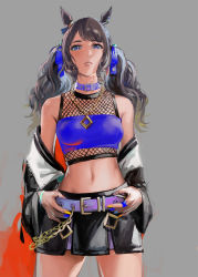 Rule 34 | 1girl, animal ears, bare shoulders, belt, black jacket, black skirt, bracelet, breasts, brown hair, collar, cowboy shot, crop top, fishnet top, fishnets, grey background, grey eyes, highres, holding, holding belt, horse ears, jacket, jewelry, lips, long hair, looking at viewer, midriff, miniskirt, multicolored nails, nail polish, navel, necklace, off shoulder, otimusyairoha, parted lips, simple background, skirt, small breasts, solo, tosen jordan (umamusume), twintails, umamusume