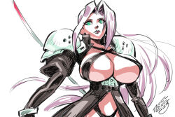 Rule 34 | 1girl, armor, black jacket, black panties, breasts, chest strap, cleavage, closed mouth, final fantasy, final fantasy vii, genderswap, genderswap (mtf), green eyes, grey hair, holding, holding sword, holding weapon, jacket, large breasts, long bangs, long hair, long sleeves, looking at viewer, masamune (ff7), michel dinel, panties, parted bangs, sephiroth, shoulder armor, signature, solo, sword, underwear, upper body, weapon
