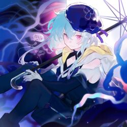 Rule 34 | 1boy, abstract background, arknights, beret, black pants, black shirt, blue background, blue hair, blue hat, cloak, commentary, gloves, hat, highres, holding, holding umbrella, hood, hooded cloak, jellyfish, knees up, light blue hair, looking at viewer, ma (xxxx-xl), male focus, mizuki (arknights), pants, red eyes, shirt, short hair, short hair with long locks, sitting, smile, solo, tentacles, transparent, transparent umbrella, umbrella, white cloak, white gloves