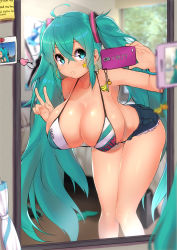 Rule 34 | 1girl, ^ ^, ahoge, alternate breast size, aqua hair, arched back, bare shoulders, bed, bent over, bikini, blue eyes, blurry, breasts, cellphone, character name, cleavage, closed eyes, closed umbrella, collarbone, copyright name, covered erect nipples, cutoffs, denim, denim shorts, depth of field, earrings, english text, eyebrows, hair between eyes, halterneck, hanging breasts, hatsune miku, head tilt, holding, holding phone, hoop earrings, huge breasts, indoors, jewelry, charm (object), leaning forward, long hair, looking at viewer, magister, mirror, parted lips, phone, photo (object), puffy nipples, selfie, shiny skin, short shorts, shorts, smartphone, smile, solo, standing, star (symbol), sticky note, swimsuit, tattoo, thighs, tongue, tongue out, twintails, umbrella, unbuttoned, v, very long hair, vocaloid, window, windowsill