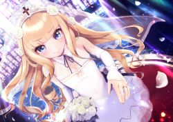 Rule 34 | 1girl, 5saiji, azur lane, bare shoulders, blonde hair, blue eyes, blush, bouquet, breasts, bridal veil, closed mouth, collared dress, commentary request, cross, detached sleeves, dress, dutch angle, flower, glint, highres, holding, holding bouquet, indoors, jewelry, long hair, long sleeves, petals, queen elizabeth (azur lane), ring, rose, see-through, sleeveless, sleeveless dress, sleeves past wrists, small breasts, smile, solo, standing, tears, tiara, veil, very long hair, wedding band, wedding dress, white dress, white flower, white rose