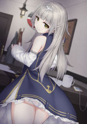 Rule 34 | 1girl, azur lane, bare shoulders, blue dress, blunt bangs, blurry, blurry background, blush, cellphone, closed mouth, coat rack, cup, depth of field, desk, detached sleeves, dress, hair ornament, half updo, head tilt, highres, indoors, isobe eiji, long hair, long sleeves, looking at viewer, looking back, mechanical pencil, mole, mole under eye, mug, panties, paper, pencil, phone, shaded face, silver hair, sleeveless, sleeveless dress, sleeves past wrists, smartphone, smile, solo, underwear, very long hair, white panties, yellow eyes, z46 (azur lane)