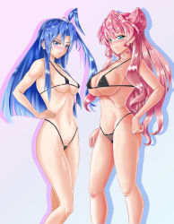 Rule 34 | 2girls, blue hair, breasts, highres, large breasts, long hair, multiple girls, pink hair, swimsuit, yappy