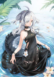 Rule 34 | 1girl, absurdres, ahoge, arknights, bare arms, bare shoulders, black choker, choker, commentary request, crocodilian tail, dress, flower, grey hair, highres, jinyujinyi, large tail, long hair, looking at viewer, official alternate costume, pointy ears, sleeveless, sleeveless dress, solo, tail, tomimi (arknights), two side up, wading, water, white flower, yellow eyes