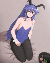 Rule 34 | 1girl, animal ears, bare shoulders, blue hair, blue leotard, blush, choker, collarbone, commentary, flat chest, food, fruit, hat, highres, hinanawi tenshi, leotard, long hair, looking at viewer, mata (matasoup), navel, pantyhose, peach, playboy bunny, rabbit ears, red eyes, sexually suggestive, simple background, sitting, solo, sweatdrop, touhou, wrist cuffs