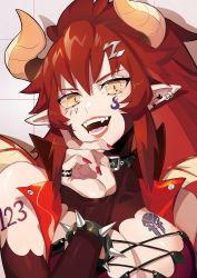 Rule 34 | 1girl, armlet, bracelet, breast tattoo, breasts, choker, cleavage, collar, dragon girl, dragon horns, dragon wings, ear piercing, fangs, finger to cheek, head tilt, highres, horns, jewelry, large breasts, looking at viewer, mini wings, navel, official art, open mouth, piercing, pointy ears, puppeteer7777, red hair, smile, solo, spiked armlet, spiked bracelet, spikes, standing, tattoo, virtual youtuber, vshojo, wings, yellow eyes, zentreya (dragon), zentreya