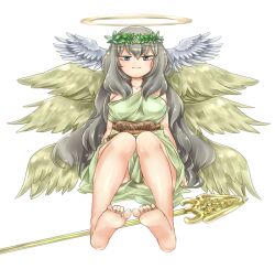 Rule 34 | 1girl, angel, angel wings, bare legs, bare shoulders, barefoot, blue eyes, breasts, closed mouth, commentary request, feathered wings, feet, full body, grey hair, hair between eyes, halo, head wings, knees up, large breasts, laurel crown, light blush, long hair, looking at viewer, mon-musu quest!, mon-musu quest: paradox, multiple wings, pippi (ku ro do zorizo to), polearm, seraph eden, simple background, sitting, smile, soles, solo, spear, straight-on, toes, toga, very long hair, weapon, white background, wings