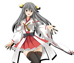 Rule 34 | 10s, 1girl, boots, breasts, brown eyes, commentary request, detached sleeves, grey hair, hair between eyes, hair ornament, hairclip, haruna (kancolle), headgear, highres, kantai collection, legs together, long hair, long sleeves, looking at viewer, medium breasts, nontraditional miko, open mouth, outstretched hand, rappa (rappaya), shadow, skirt, smile, solo, thigh boots, thighhighs, white background, wide sleeves, zettai ryouiki