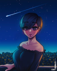 Rule 34 | 1girl, bare shoulders, blue hair, breasts, city lights, cityscape, commentary, english commentary, eyes visible through hair, highres, large breasts, lipstick, loen, looking at viewer, makeup, mole, mole on neck, original, parted lips, purple eyes, purple shirt, railing, red lips, shirt, shooting star, short hair, sky, solo, star (sky), starry sky, strapless, strapless shirt, twitter username