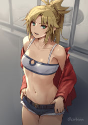 Rule 34 | 1girl, belt, blonde hair, collarbone, crop top, cuboon, denim, denim shorts, fate/apocrypha, fate (series), green eyes, jacket, long hair, looking at viewer, mordred (fate), mordred (fate/apocrypha), mordred (memories at trifas) (fate), navel, open clothes, open jacket, parted bangs, parted lips, ponytail, short shorts, shorts, sidelocks, solo, teeth, twitter username