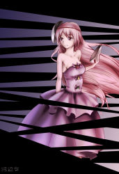 Rule 34 | 1girl, alternate costume, bare arms, bare shoulders, breasts, collarbone, dress, expressionless, facing away, fox mask, hata no kokoro, highres, kawabe aya, layered dress, long hair, mask, pink eyes, pink hair, purple background, solo, strapless, strapless dress, striped, striped background, touhou, very long hair