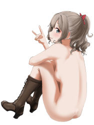 Rule 34 | 1girl, back, blue eyes, blush, boots, bow, breasts, brown hair, closed mouth, cross-laced footwear, hair between eyes, hair ornament, hatakaze (kancolle), high heel boots, high heels, highres, kantai collection, knee boots, lace-up boots, light brown hair, long hair, looking at viewer, medium breasts, red bow, simple background, smile, solo, tama (tamago), white background