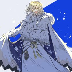 Rule 34 | 1boy, arthropod boy, blanca (fate), blue background, blush, bug, cape, closed eyes, crown, diamond hairband, fate/grand order, fate (series), fur-trimmed cape, fur trim, highres, insect, long sleeves, male focus, medium hair, moth, no wings, norai0813, oberon (fate), shirt, smile, solo, two-tone background, white background, white shirt