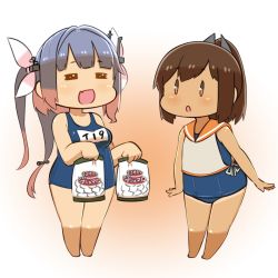 Rule 34 | 0 0, 10s, 2girls, = =, bag, blue hair, blue one-piece swimsuit, brown eyes, brown hair, capriccyo, chibi, fang, food, highres, i-19 (kancolle), i-401 (kancolle), kantai collection, long hair, marshmallow, multiple girls, name tag, one-piece swimsuit, ponytail, school swimsuit, standing, swimsuit