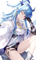 Rule 34 | 1girl, ;d, arknights, bare legs, black gloves, blue hair, boots, braid, breasts, coat, cup, detached collar, dragon horns, earrings, elbow gloves, feet out of frame, glint, gloves, head tilt, highres, holding, holding cup, horns, japanese clothes, jewelry, kimono, knee boots, knee up, large breasts, ling (arknights), long hair, long sleeves, necktie, one eye closed, open clothes, open coat, open mouth, parted lips, pointy ears, purple eyes, simple background, sitting, smile, solo, thigh strap, underbust, uza, very long hair, white background, white coat, white footwear, wide sleeves, yellow necktie