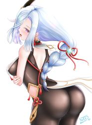 Rule 34 | 1girl, absurdres, ass, bare shoulders, blush, bodysuit, braid, breast rest, breasts, from behind, fwgo, genshin impact, hair ornament, hair ribbon, highres, hip vent, huge ass, large breasts, long hair, looking at viewer, looking back, open mouth, purple eyes, ribbon, shenhe (genshin impact), shiny clothes, shiny skin, sideboob, silver hair, single braid, solo, tongue, tongue out, very long hair, vision (genshin impact)