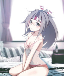 Rule 34 | 1girl, absurdres, alternate costume, bespectacled, breasts, camisole, glasses, grey eyes, grey hair, hachimaki, headband, high ponytail, highres, honma (honmatomohiro), kantai collection, long hair, nipples, panties, red-framed eyewear, red panties, see-through, sitting, small breasts, solo, underwear, white camisole, zuihou (kancolle)