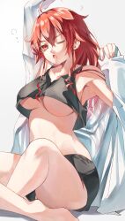 Rule 34 | 1girl, absurdres, ahoge, bare legs, bare shoulders, blush, breasts, crop top, eris greyrat, hair between eyes, highres, large breasts, long hair, messy hair, mushoku tensei, open mouth, red eyes, red hair, saico isshin, shorts, solo, squeans, stretching, underboob, waking up, yawning