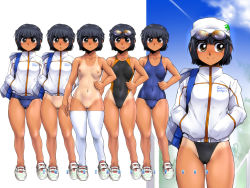 Rule 34 | 1girl, black hair, breasts, brown eyes, cameltoe, censored, competition swimsuit, ez6, goggles, highleg, highleg swimsuit, jacket, navel, nipples, one-piece swimsuit, one-piece tan, original, school swimsuit, short hair, skin tight, small breasts, smile, swimsuit, swimsuit under clothes, tan, tanline, thighhighs, toned, variations