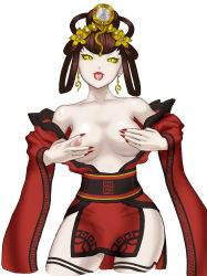 Rule 34 | artist request, breasts, breasts out, brown hair, grabbing, grabbing another&#039;s breast, grabbing own breast, hair ornament, highres, megami tensei, nail polish, nipples, nuwa (megami tensei), pale skin, presenting, shin megami tensei, shin megami tensei v, teasing, thick thighs, thighs, tongue, tongue out, topless, yellow eyes
