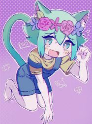 Rule 34 | 1boy, animal ears, barefoot, basil (headspace) (omori), basil (omori), blue overalls, blush, cat boy, cat ears, cat tail, colored skin, flower, green eyes, green hair, head wreath, looking at viewer, matouchi (matouti118), omori, open mouth, overall shorts, overalls, shirt, short hair, short sleeves, smile, solo, tail, white skin, yellow shirt