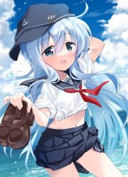 Rule 34 | 1girl, absurdres, anchor print, arm behind head, black hat, black sailor collar, black skirt, blue eyes, blue hair, blue sky, blush, brown footwear, cloud, day, hands up, hat, hibiki (kancolle), highres, hizuki yayoi, holding, holding shoes, kantai collection, light blue hair, long hair, looking at viewer, midriff, navel, neckerchief, ocean, outdoors, parted lips, pleated skirt, red neckerchief, sailor collar, school uniform, serafuku, shirt, shoes, sidelocks, skirt, sky, sleeves rolled up, solo, thighs, tied shirt, tied skirt, water drop, white shirt