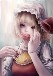 Rule 34 | 1girl, ascot, blonde hair, collared shirt, commentary, covered mouth, covering own mouth, eyebrows hidden by hair, eyelashes, fingernails, flandre scarlet, flower, frilled shirt collar, frills, hands up, hat, hat ribbon, highres, holding, holding flower, looking at viewer, medium hair, mizuhichi, mob cap, nail polish, pink eyes, puffy short sleeves, puffy sleeves, red flower, red nails, red ribbon, red rose, red vest, ribbon, rose, sharp fingernails, shirt, short sleeves, solo, touhou, upper body, vest, white hat, white shirt, yellow ascot