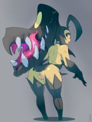 Rule 34 | 1girl, ass, blush, cleft of venus, creatures (company), fangs, female focus, game freak, gen 3 pokemon, highres, huge ass, live for the funk, looking back, mawile, monster girl, naughty face, nintendo, no humans, pokemon, pokemon (creature), pussy, simple background, solo
