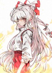 Rule 34 | 1girl, bow, closed mouth, cowboy shot, deal360acv, fire, from side, fujiwara no mokou, grey hair, hair bow, highres, long hair, pants, red eyes, red pants, shirt, simple background, sleeves past elbows, solo, touhou, white background, white bow, white shirt