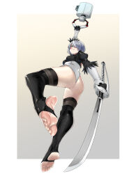 Rule 34 | 1girl, 2b (nier:automata), ass, barefoot, black gloves, black thighhighs, border, breasts, butt crack, eiji (eiji), feet, foot focus, foreshortening, full body, gloves, granblue fantasy, granblue fantasy versus, granblue fantasy versus: rising, grey hair, hair over one eye, highres, holding, holding sword, holding weapon, juliet sleeves, katana, leotard, long sleeves, looking at viewer, looking down, medium breasts, nier:automata, nier (series), pod (nier:automata), puffy sleeves, robot, short hair, skindentation, solo, stirrup legwear, sword, thick thighs, thighhighs, thighs, toeless legwear, weapon, white border