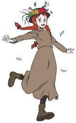 Rule 34 | 1girl, anne of green gables, anne shirley, artist request, black bow, blue eyes, boots, bow, brown dress, dress, flower, freckles, hair bow, hair ornament, happy, hat, highres, leg up, leggings, long hair, omosiro, outstretched arms, plum blossoms, red hair, simple background, smile, standing, teeth, tongue, white background, world masterpiece theater