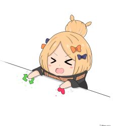 Rule 34 | &gt; &lt;, 1girl, :d, abigail williams (fate), abigail williams (traveling outfit) (fate), arrow (symbol), atsumisu, bad id, bad pixiv id, black bow, black jacket, blonde hair, blue eyes, blush stickers, bongo cat, bow, chibi, closed eyes, commentary request, facing viewer, fate/grand order, fate (series), forehead, hair bow, hair bun, heart, heroic spirit traveling outfit, highres, jacket, long hair, long sleeves, meme, official alternate costume, open mouth, orange bow, parted bangs, polka dot, polka dot bow, single hair bun, smile, solo, twitter, twitter username, v-shaped eyebrows, white background, xd