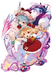 Rule 34 | 2girls, :d, arm up, ascot, bat wings, blonde hair, blue flower, blue hair, blue rose, bobby socks, bow, circle skirt, commentary request, crystal, dress, flandre scarlet, flower, gotou (nekocat), hat, hat bow, heart, heart of string, highres, mary janes, mob cap, multiple girls, one side up, open mouth, petticoat, pink dress, pink headwear, pointing, pointy ears, puffy short sleeves, puffy sleeves, red ascot, red bow, red eyes, red footwear, red skirt, red vest, remilia scarlet, rose, shoes, short hair, short sleeves, siblings, sisters, skirt, skirt set, smile, socks, standing, star (symbol), touhou, vest, white background, white headwear, white legwear, wings, wrist cuffs, yellow ascot