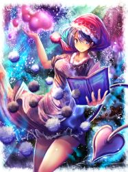 Rule 34 | 1girl, bad id, bad pixiv id, black skirt, blue eyes, blue hair, book, clothes lift, cuby (dondoriansama), demon tail, doremy sweet, hat, highres, legacy of lunatic kingdom, matching hair/eyes, multicolored background, short hair, skirt, skirt lift, smile, solo, tail, tapir tail, touhou
