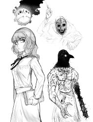 Rule 34 | 1girl, 2boys, animal head, arm up, black ribbon, book, claws, cowboy shot, crow mauler, evil smile, fear &amp; hunger, fear &amp; hunger 2: termina, frilled shirt collar, frills, highres, holding, holding book, holding syringe, long hair, long skirt, long sleeves, looking to the side, marina (fear &amp; hunger), mouth piercing, multiple boys, needles (fear &amp; hunger), prosthetic weapon, rher (fear &amp; hunger), ribbon, sen (sus pain), shirt, simple background, sketch, skirt, smile, standing, syringe, topless male, upper body, white background, white shirt