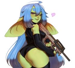 Rule 34 | 1girl, absurdres, ahoge, ass, blue hair, breasts, bullpup, colored skin, commission, cowboy shot, elbow gloves, female goblin, finger on trigger, fingerless gloves, gloves, goblin, green skin, gun, hair between eyes, heart, highres, holding, holding gun, holding weapon, leotard, long hair, looking at viewer, maewix, maewix (artist), medium breasts, one eye closed, original, p90, parted lips, purple eyes, simple background, sleeveless, solo, submachine gun, teeth, thighhighs, very long hair, weapon, white background
